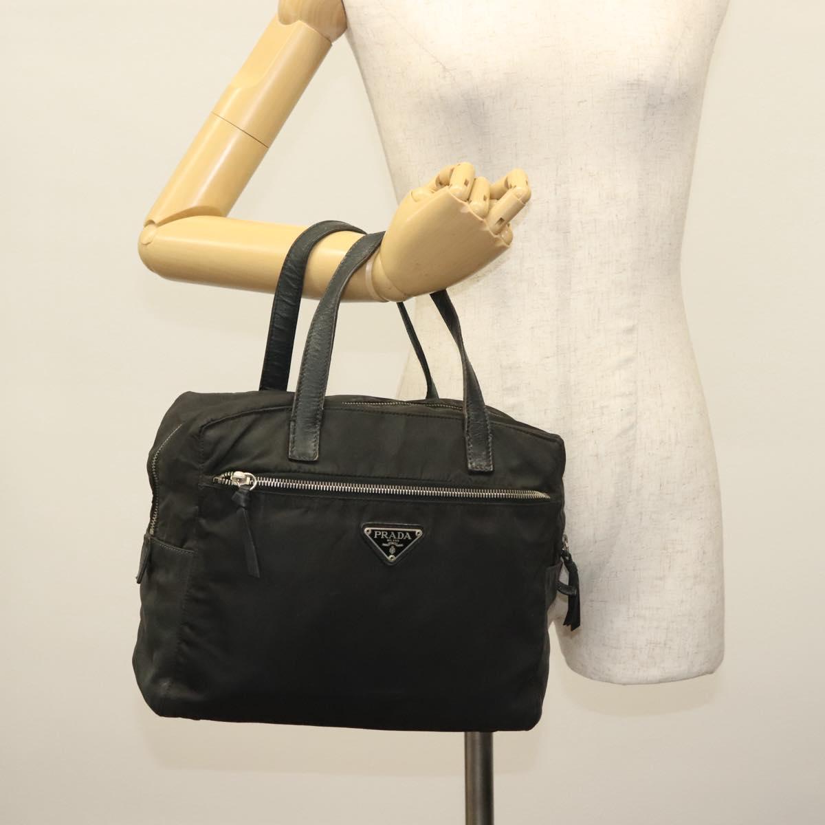 PRADA Hand Bag Nylon Leather Black Silver Auth bs28884
