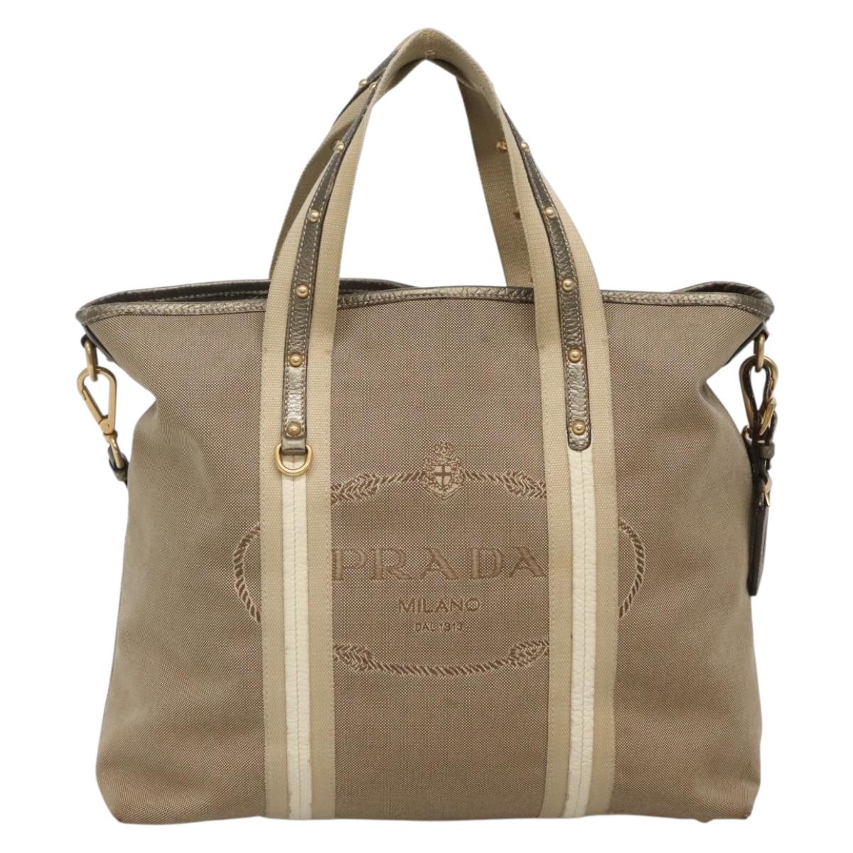 PRADA Hand Bag Canvas 2way Beige Gold Auth bs28891