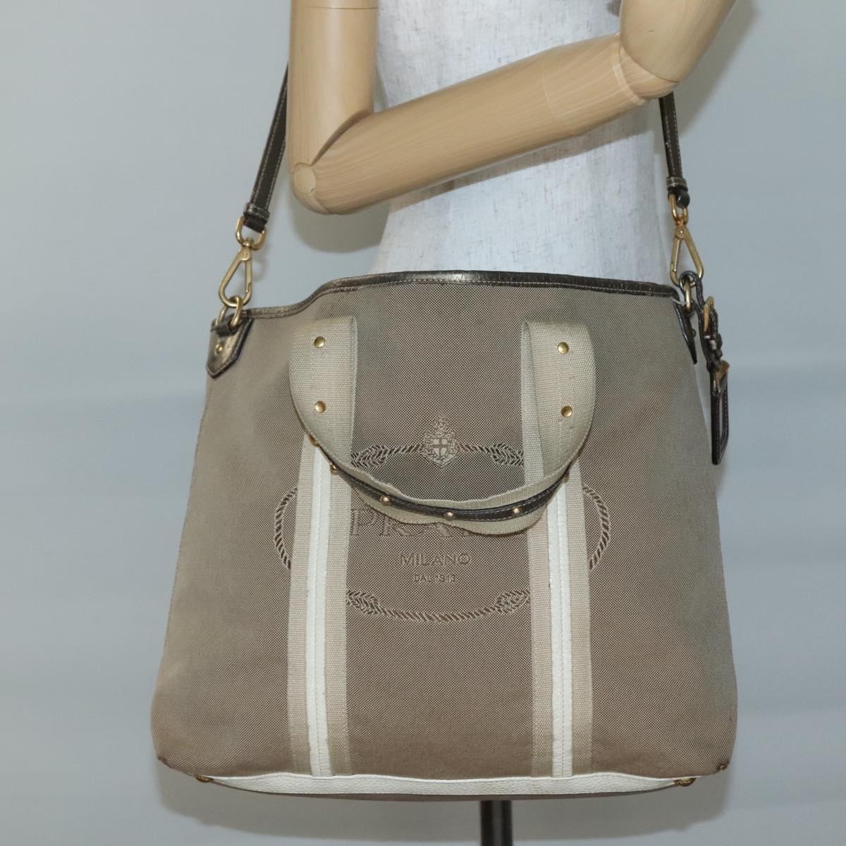 PRADA Hand Bag Canvas 2way Beige Gold Auth bs28891