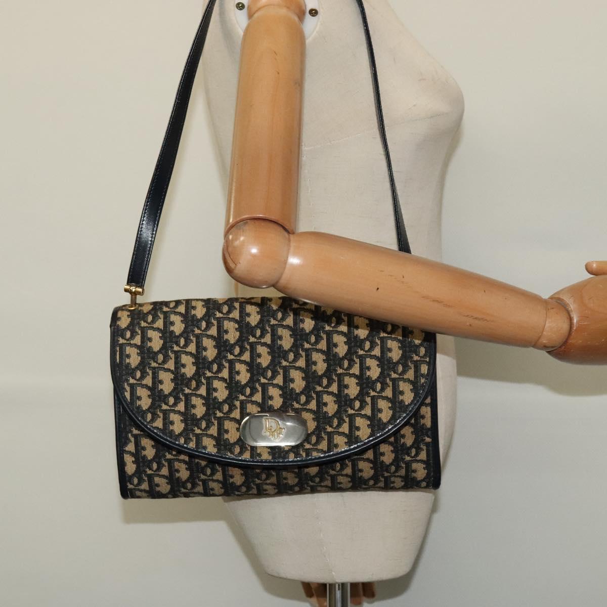 Christian Dior Trotter Canvas Shoulder Bag Navy Gold Auth bs28898