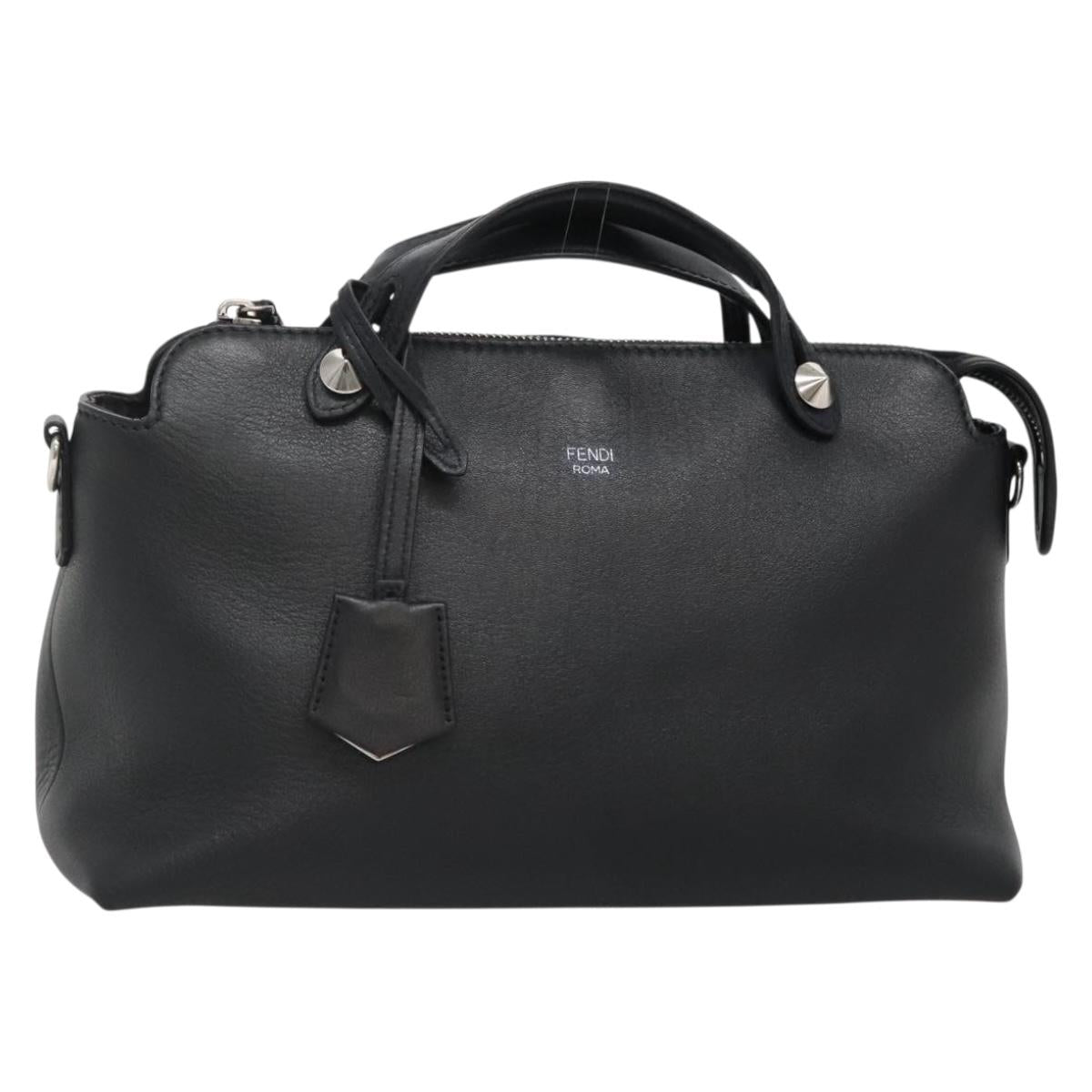 FENDI Hand Bag Leather Black Silver Auth bs28905