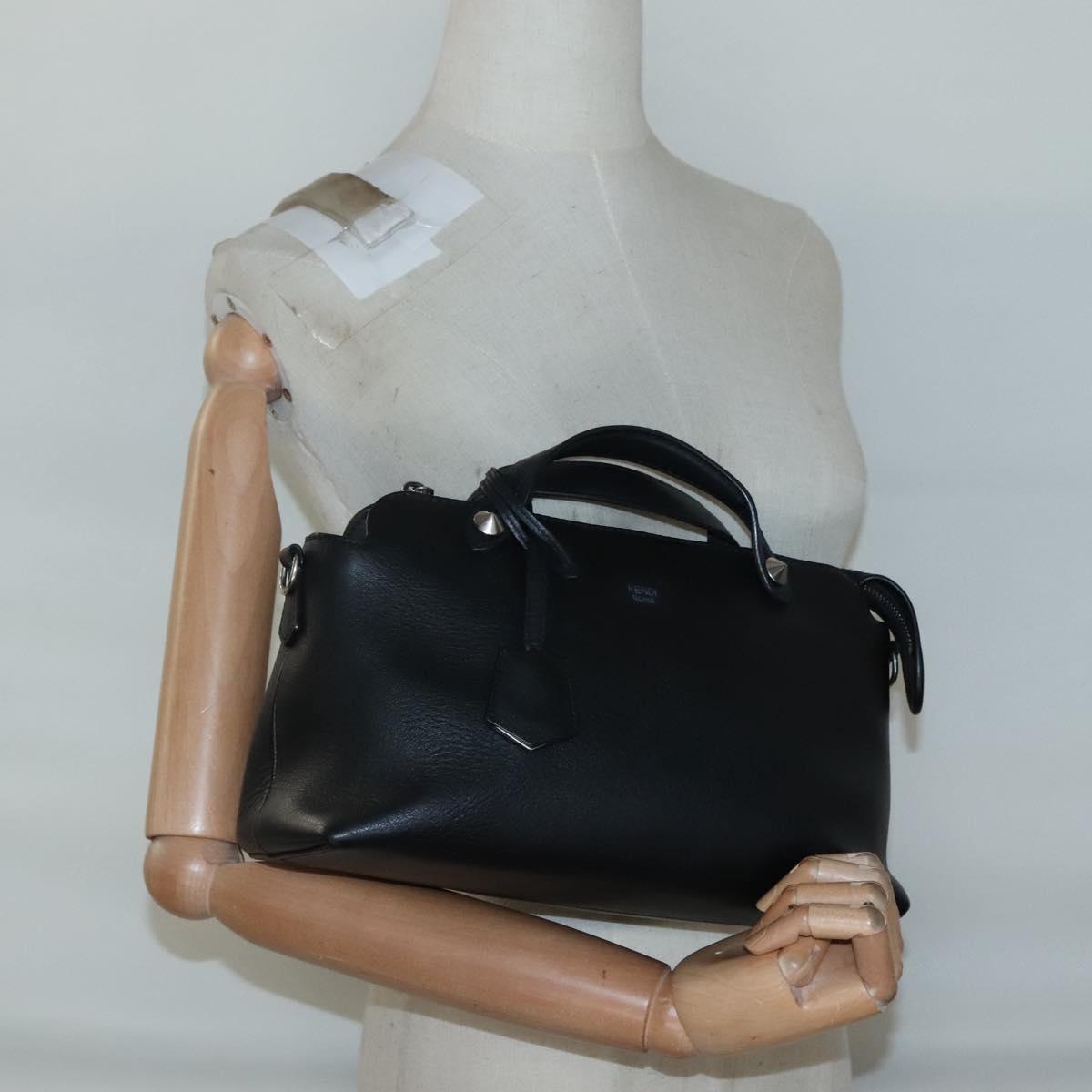 FENDI Hand Bag Leather Black Silver Auth bs28905