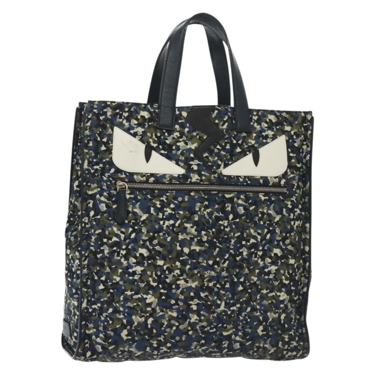 FENDI Monster Bugs Eye Tote Bag Nylon Leather Blue Black Silver Auth bs28907