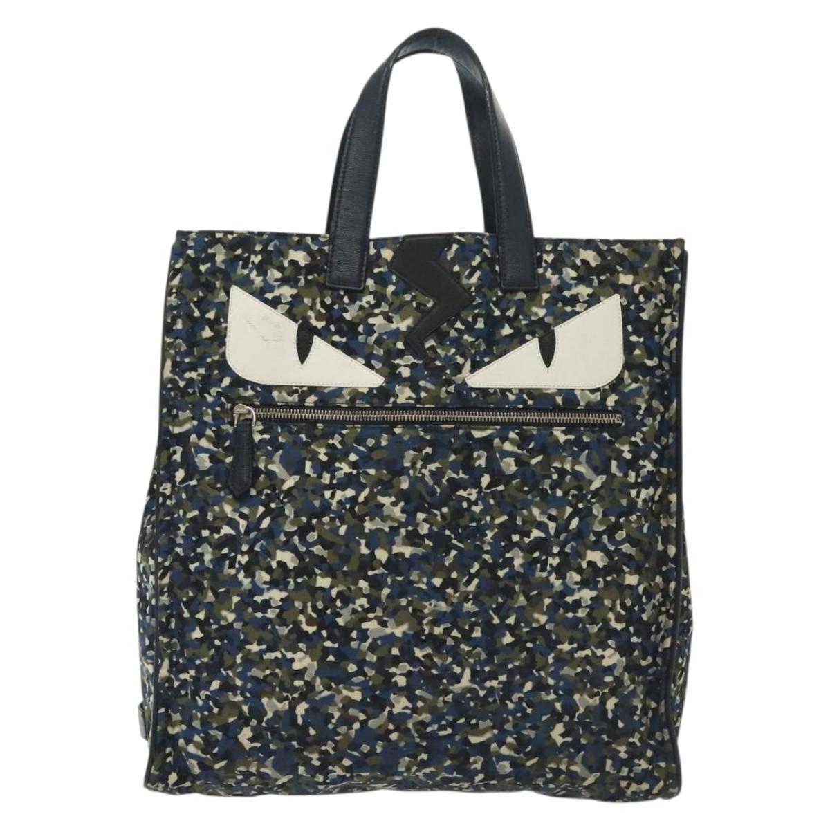FENDI Monster Bugs Eye Tote Bag Nylon Leather Blue Black Silver Auth bs28907