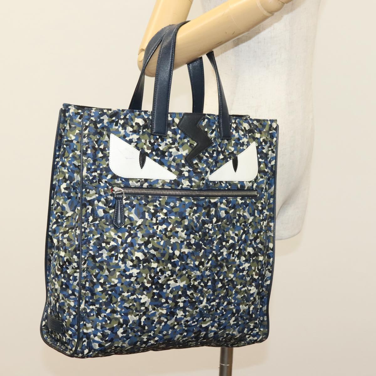 FENDI Monster Bugs Eye Tote Bag Nylon Leather Blue Black Silver Auth bs28907