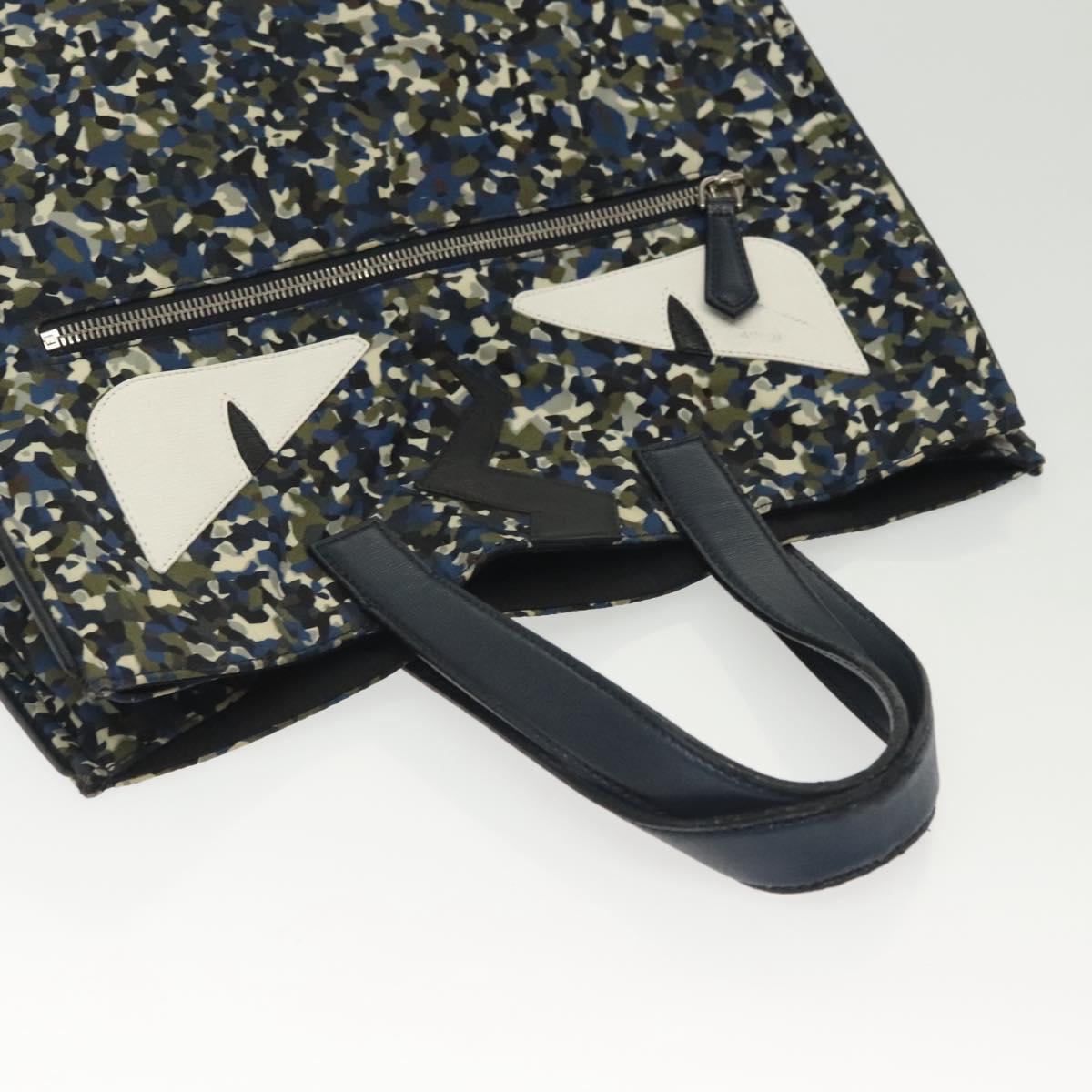 FENDI Monster Bugs Eye Tote Bag Nylon Leather Blue Black Silver Auth bs28907