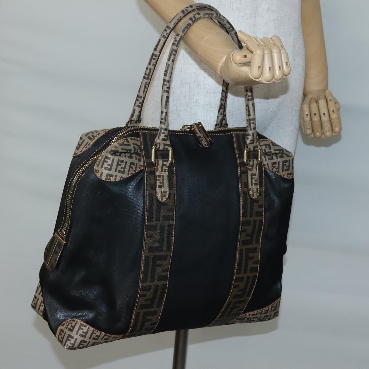 FENDI Zucchino Hand Bag Coated Canvas PVC Black Gold Auth bs28910