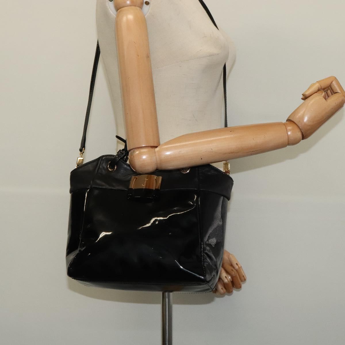 Salvatore Ferragamo Vala Hand Bag Enamel 2way Black Gold Auth bs28916