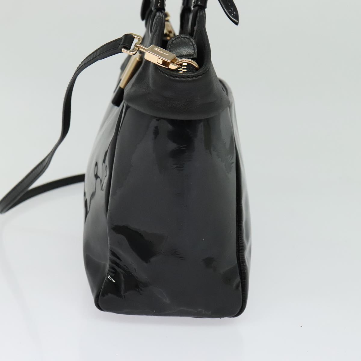 Salvatore Ferragamo Vala Hand Bag Enamel 2way Black Gold Auth bs28916