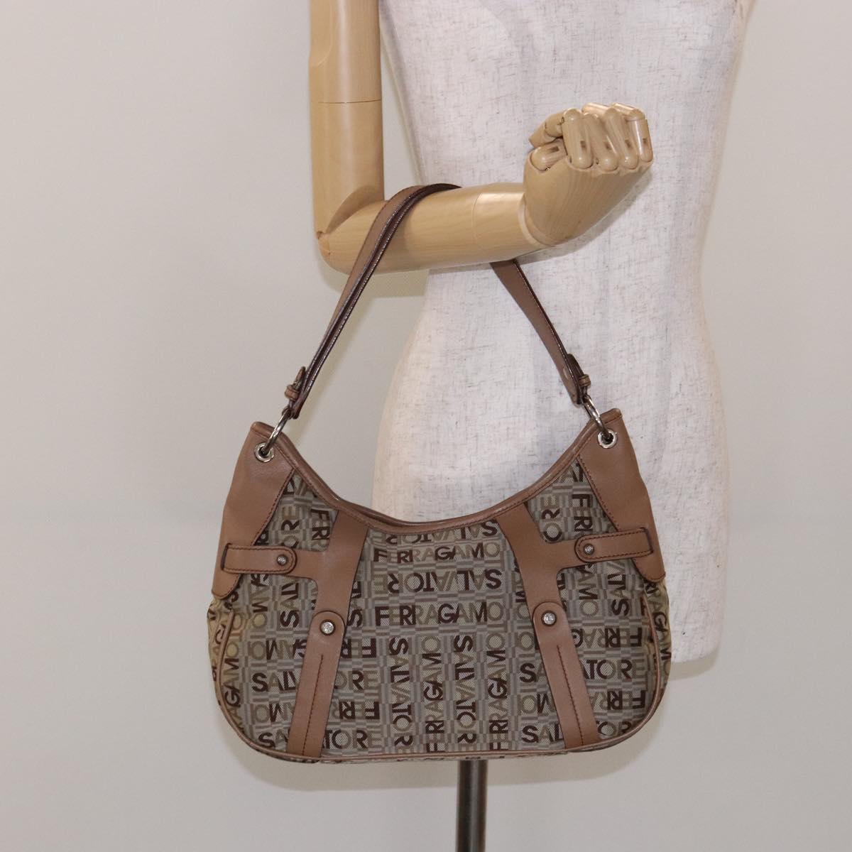 Salvatore Ferragamo Shoulder Bag Canvas Leather Beige Silver Auth bs28919