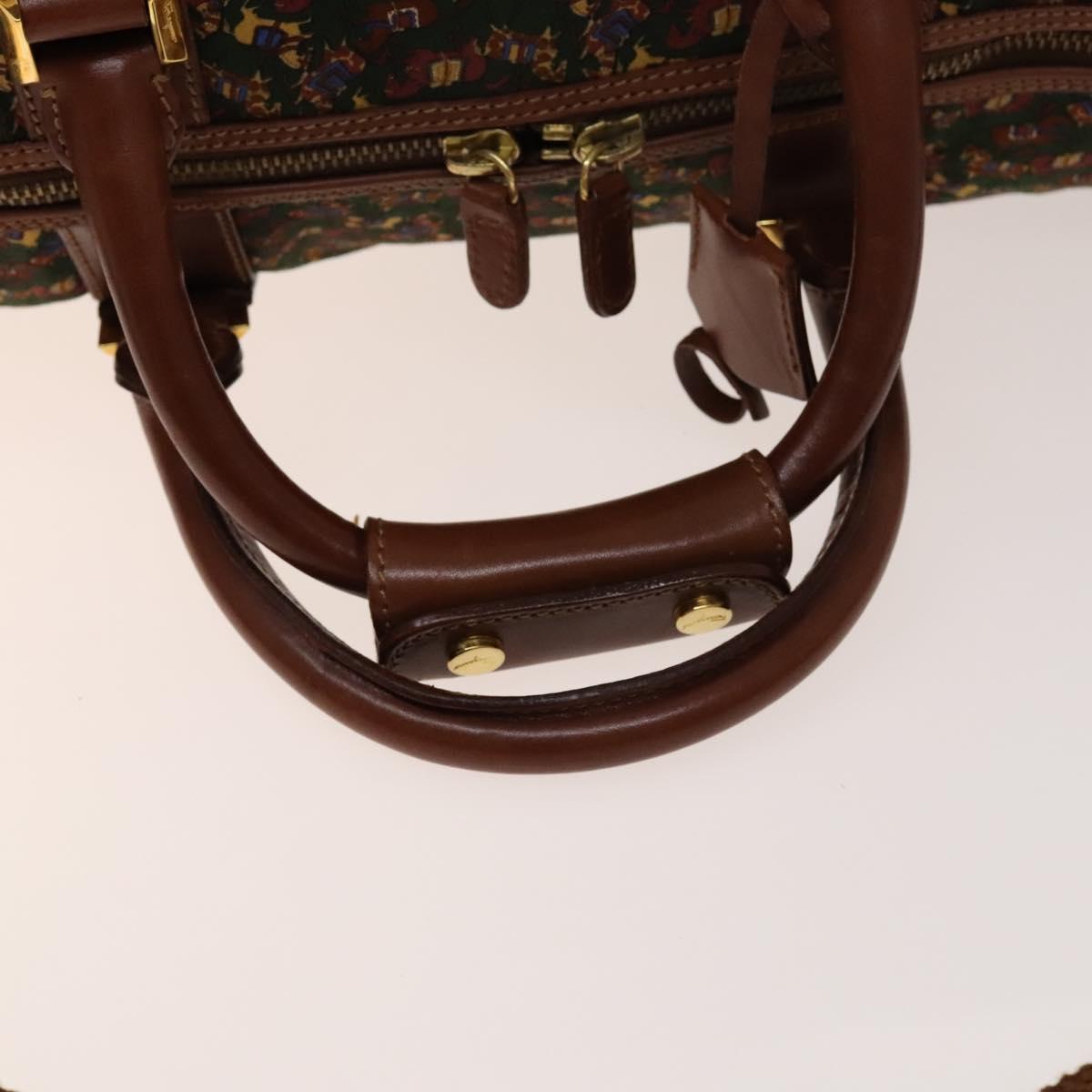 Salvatore Ferragamo Boston Bag Canvas Leather 2way Green Brown gold Auth bs28921