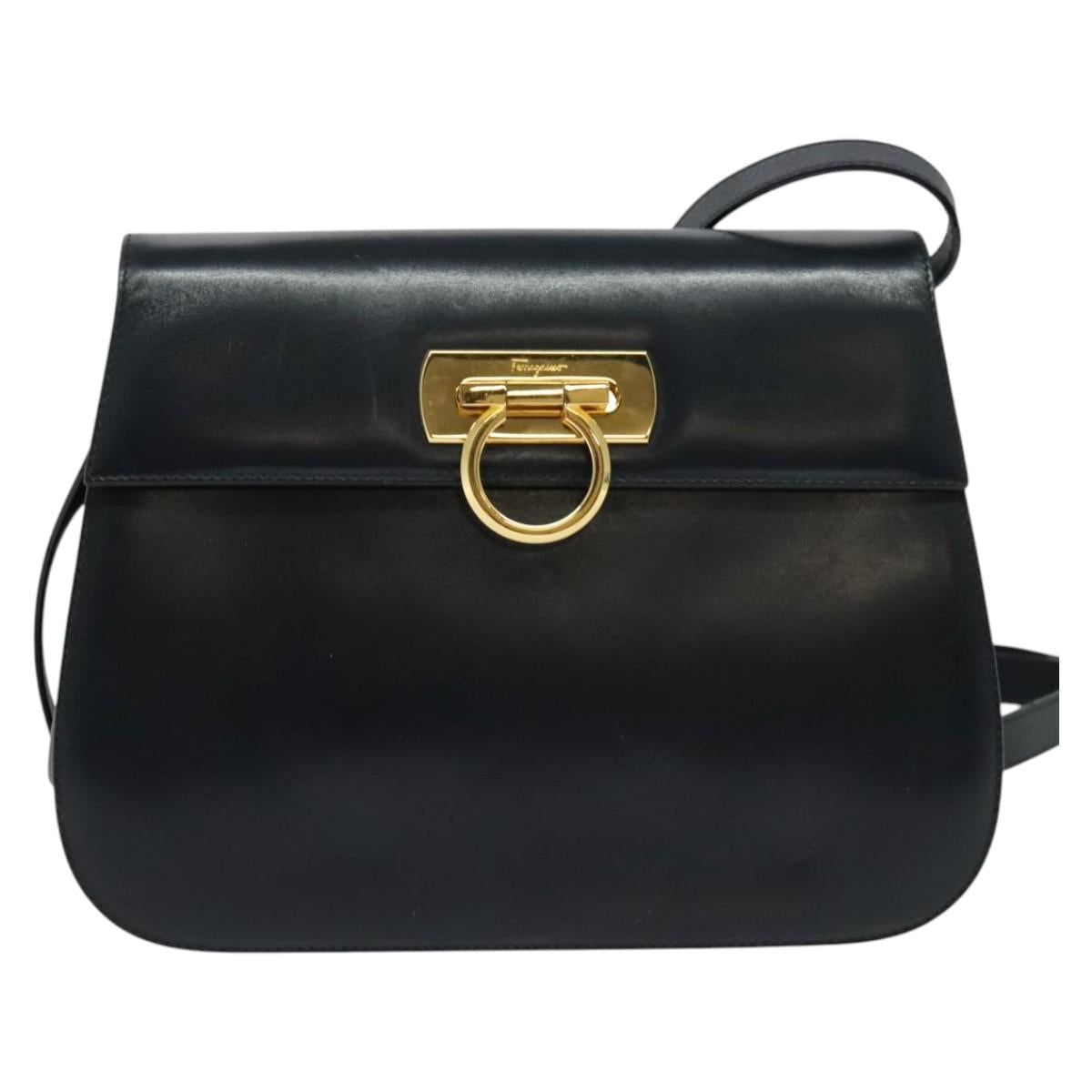 Salvatore Ferragamo Gancini Shoulder Bag Leather Navy Gold Auth bs28922