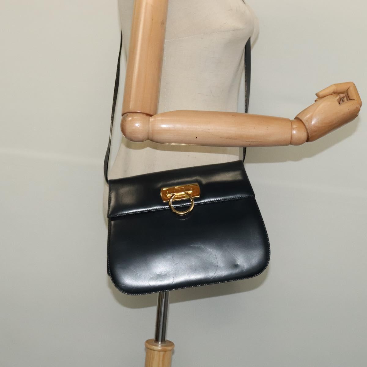 Salvatore Ferragamo Gancini Shoulder Bag Leather Navy Gold Auth bs28922