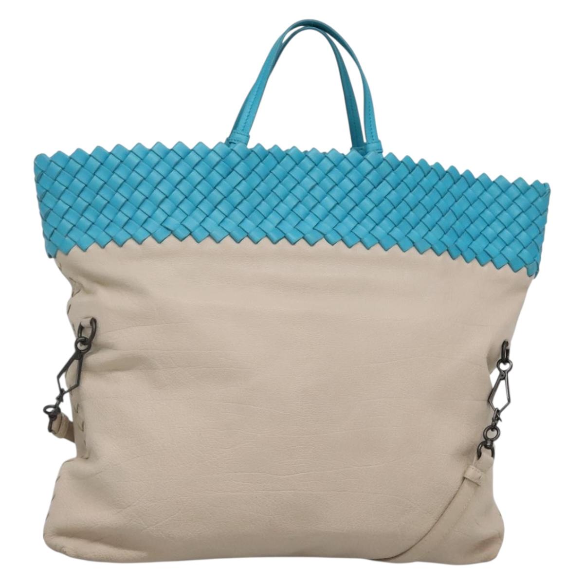 BOTTEGA VENETA INTRECCIATO Hand Bag Leather 2way Beige Light Blue Auth bs28931