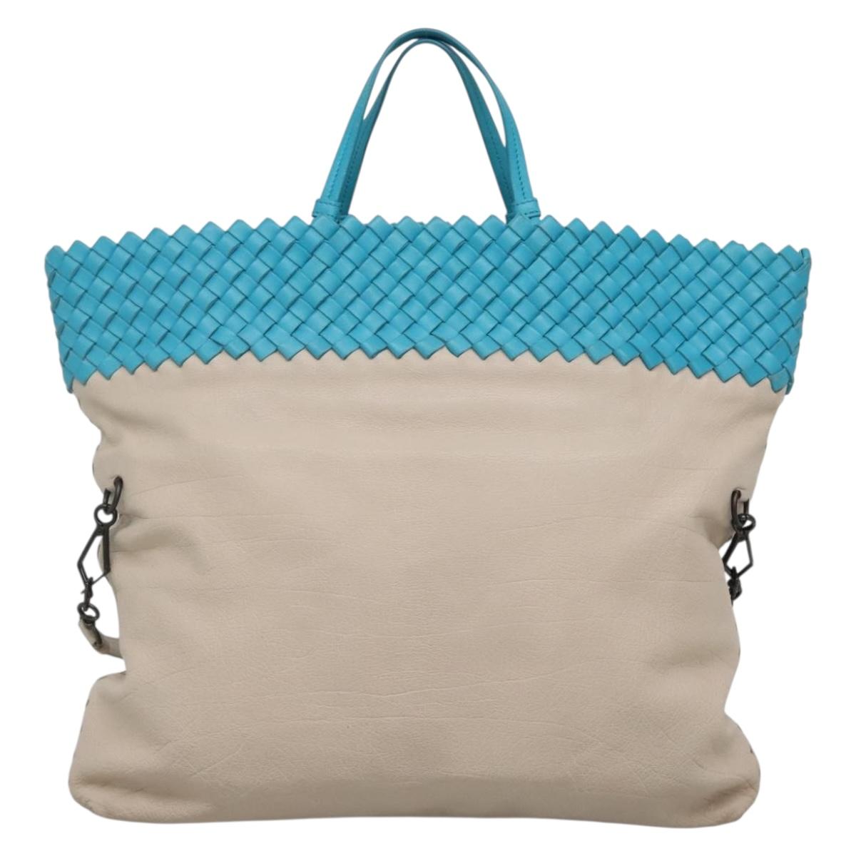 BOTTEGA VENETA INTRECCIATO Hand Bag Leather 2way Beige Light Blue Auth bs28931