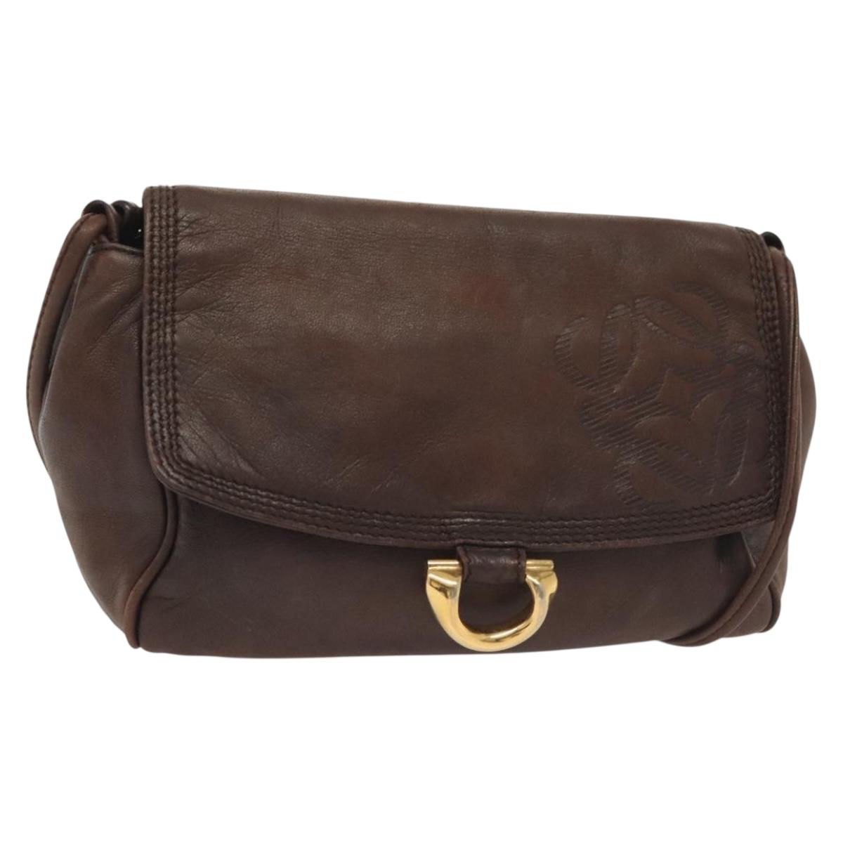 LOEWE Anagram Shoulder Bag Leather Brown Gold Auth bs28941