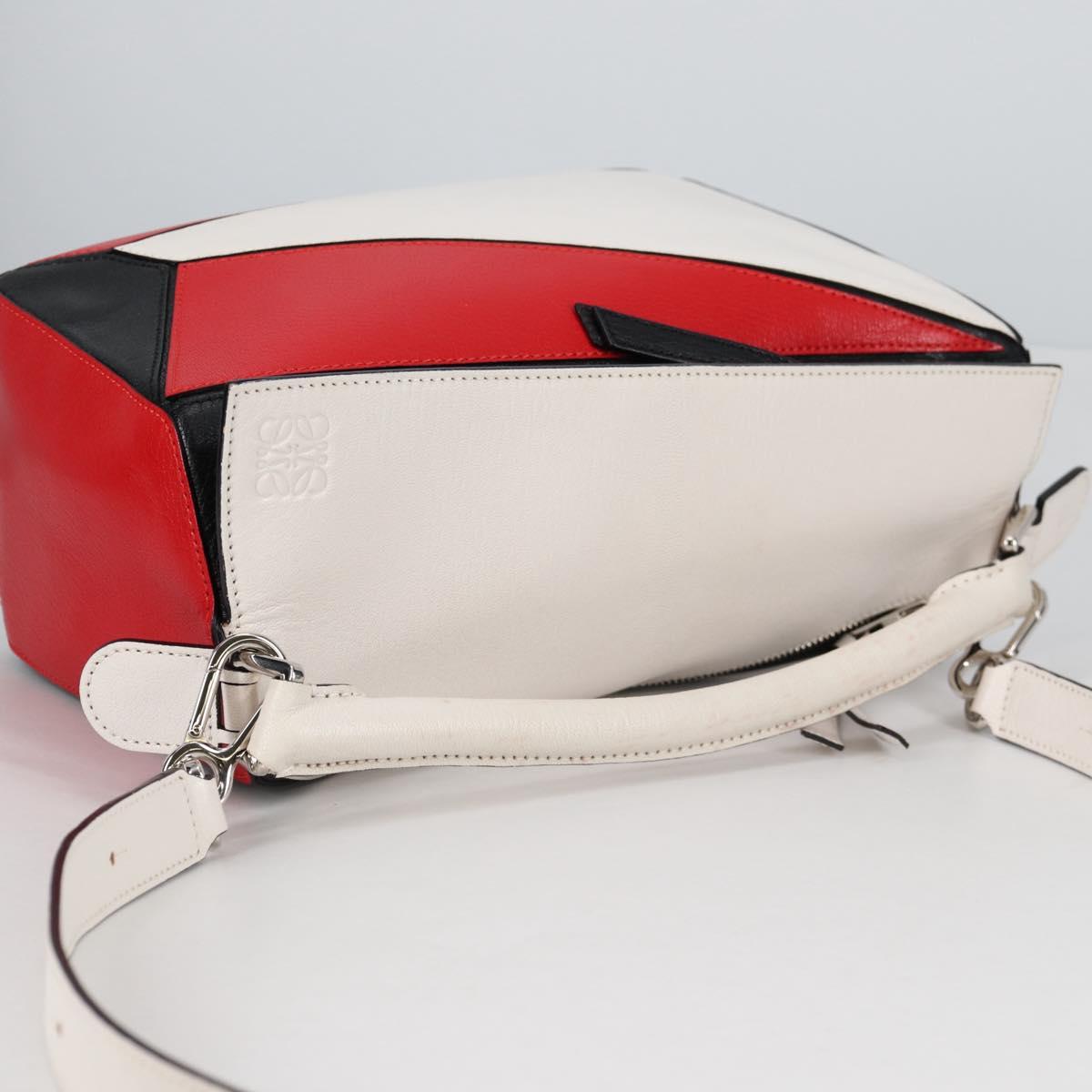 LOEWE Puzzle Hand Bag Leather 2way White Silver Auth bs28945