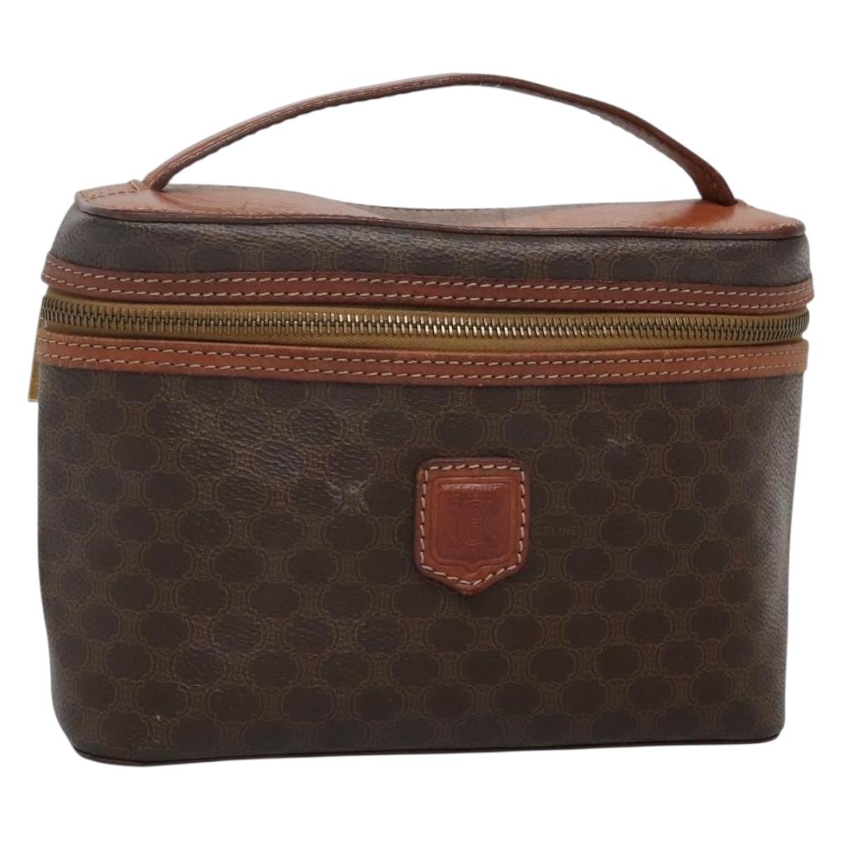 CELINE Macadam Canvas Vanity Pouch PVC Leather Brown Gold Auth bs28947
