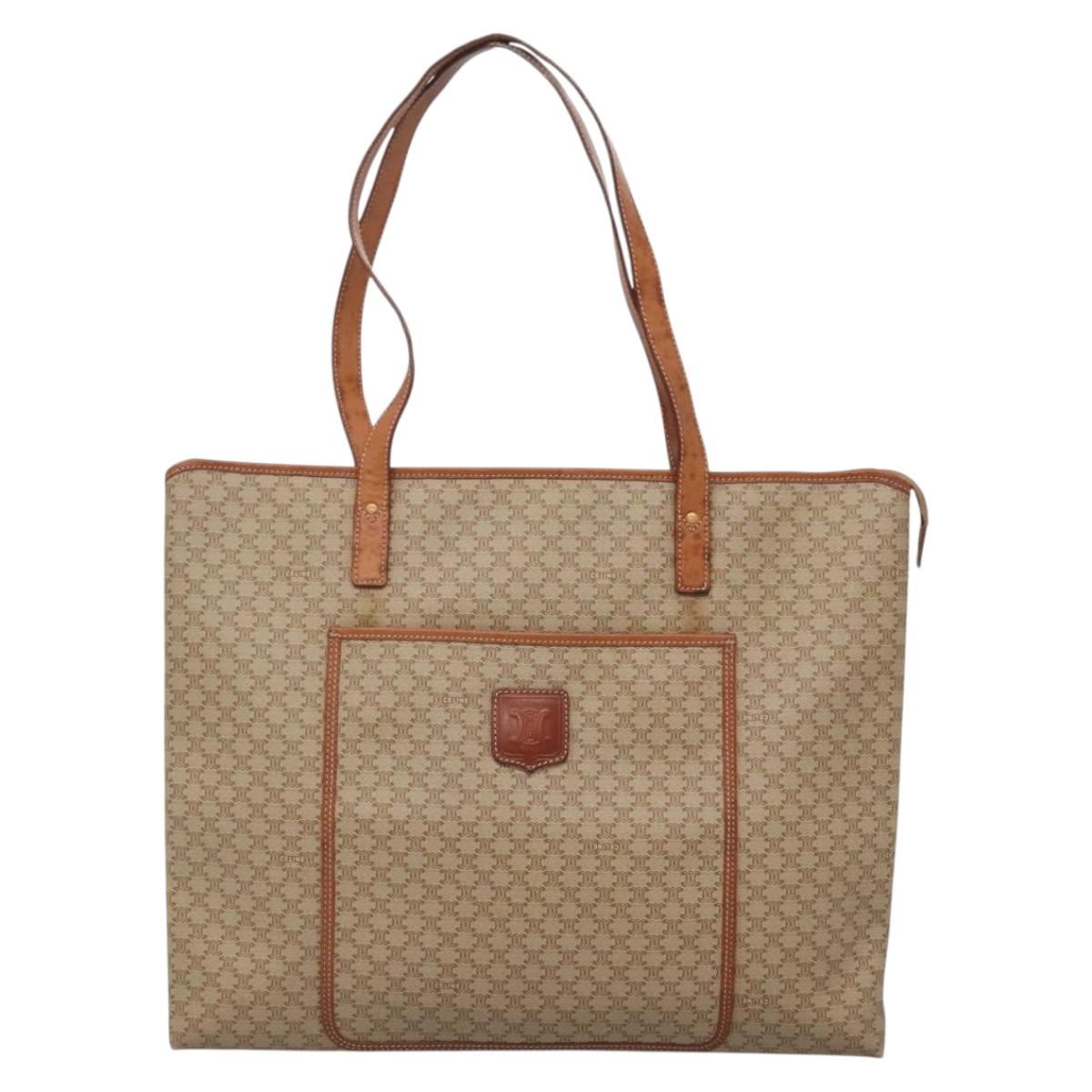 CELINE Macadam Canvas Tote Bag PVC Beige Gold Auth bs28952