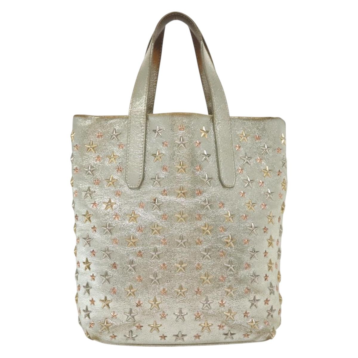 Jimmy Choo Studs Tote Bag Leather Champagne Gold Auth bs28966