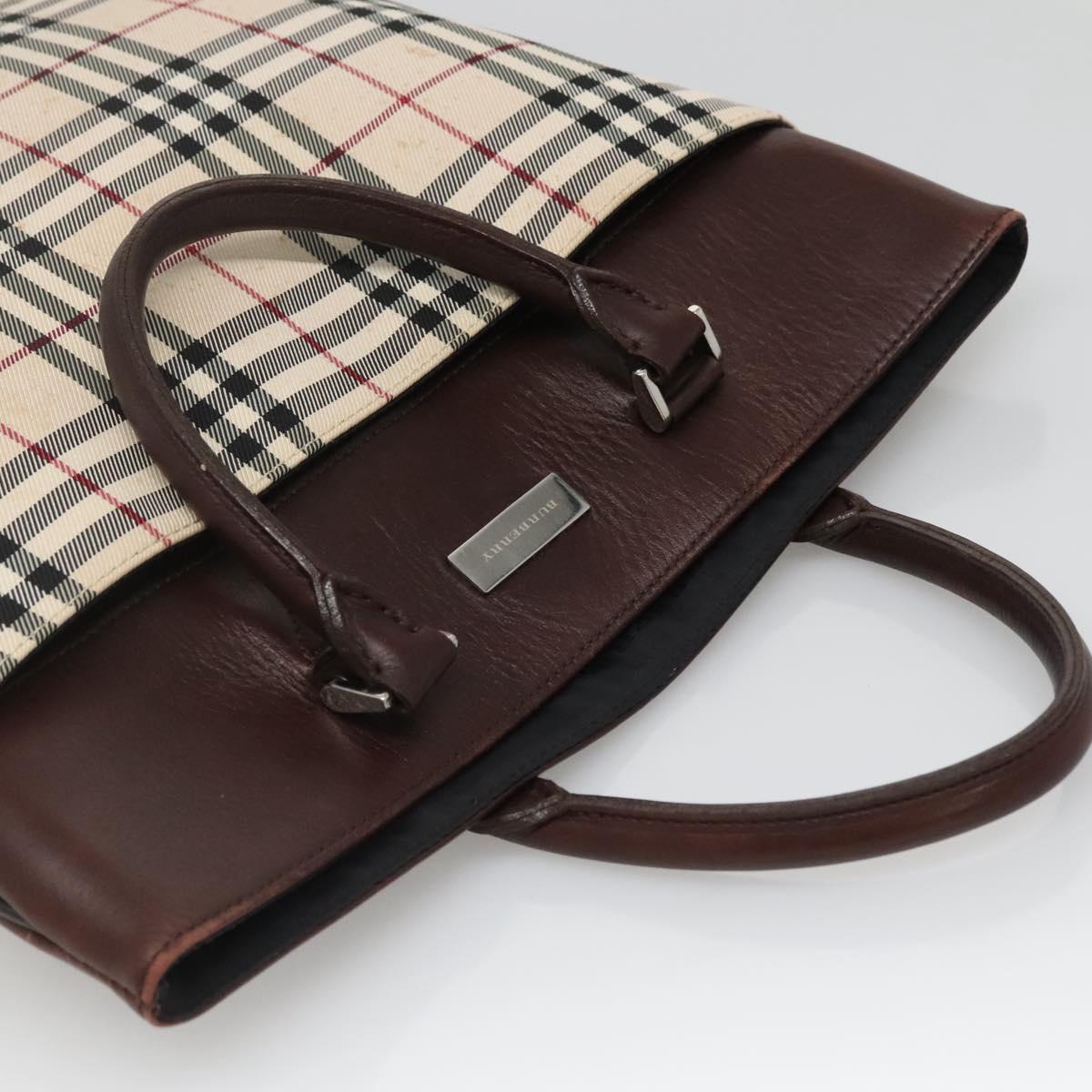 BURBERRY Nova Check Hand Bag Nylon Leather Beige Silver Auth bs28982