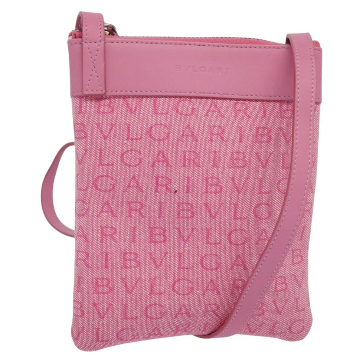 BVLGARI Logo Mania Shoulder Bag Canvas Pink Silver Auth bs28986