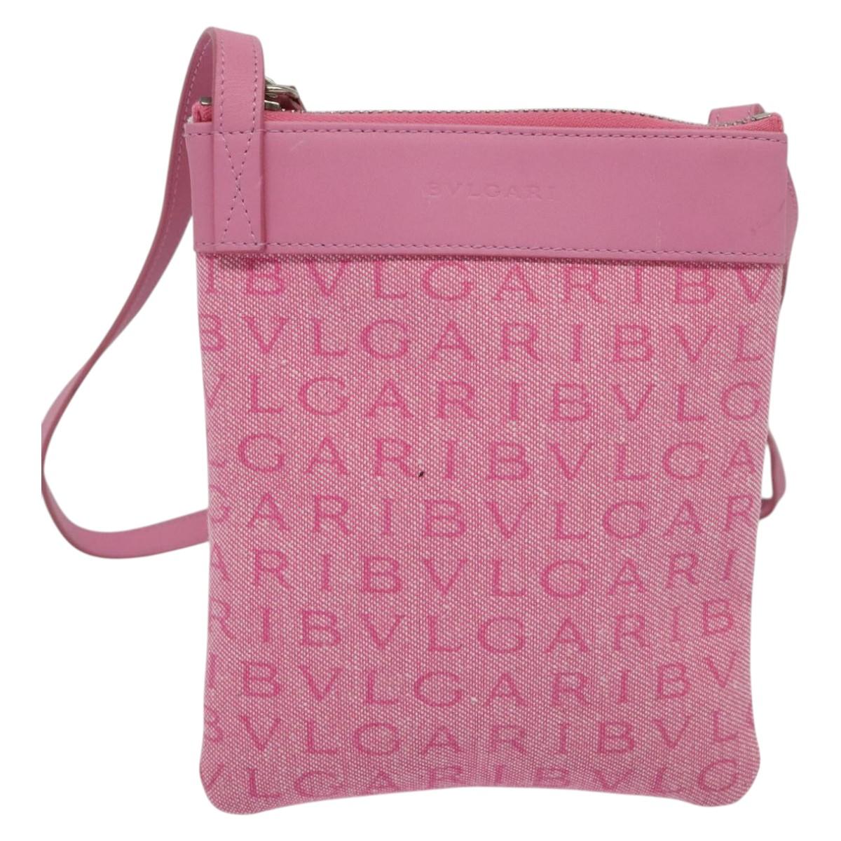BVLGARI Logo Mania Shoulder Bag Canvas Pink Silver Auth bs28986