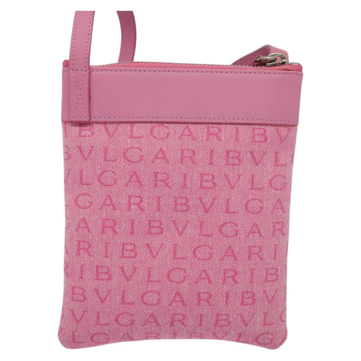 BVLGARI Logo Mania Shoulder Bag Canvas Pink Silver Auth bs28986