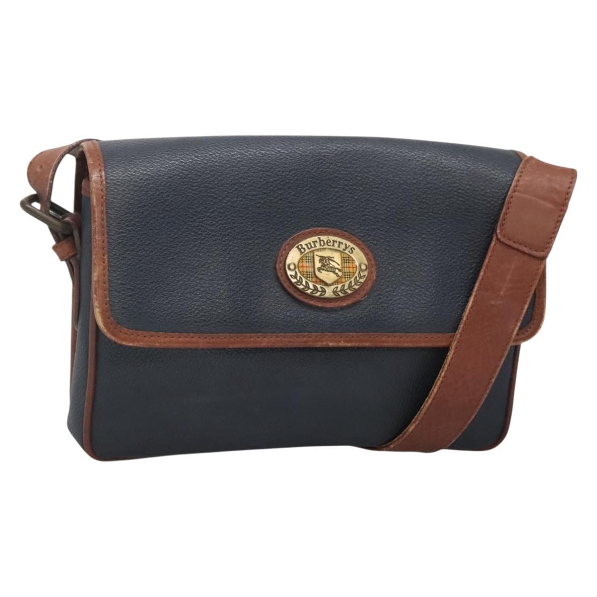 Burberrys Shoulder Bag Leather PVC Navy Gold Auth bs28989
