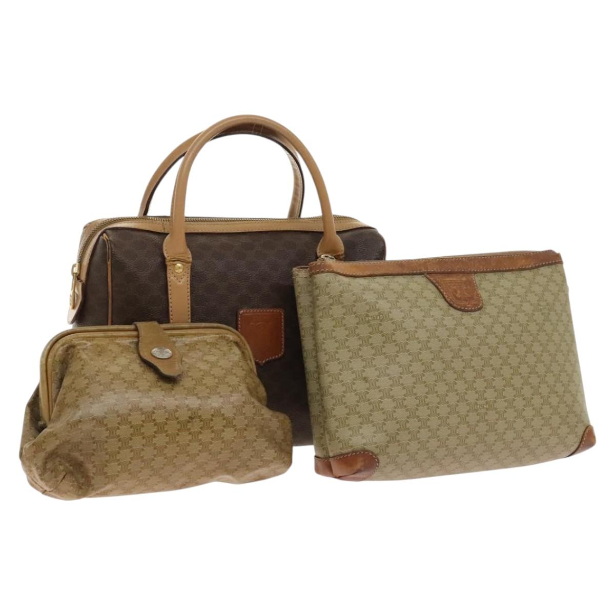 CELINE Macadam Canvas Hand Bag PVC 3Set Beige Brown gold Auth bs29016