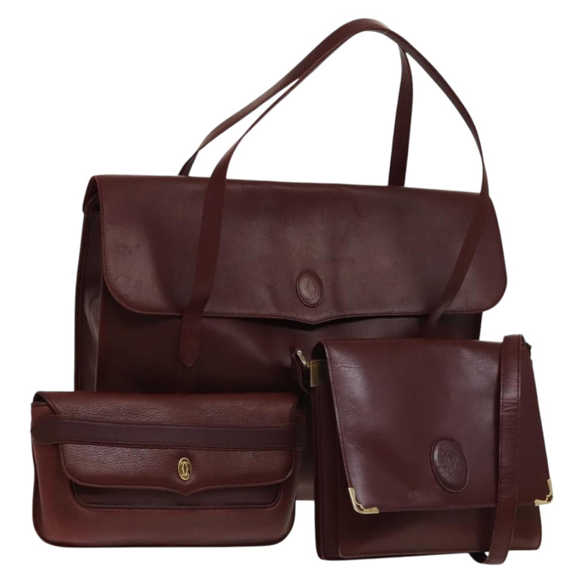 CARTIER Must Line Shoulder Bag Leather 3Set Bordeaux Gold Auth bs29019