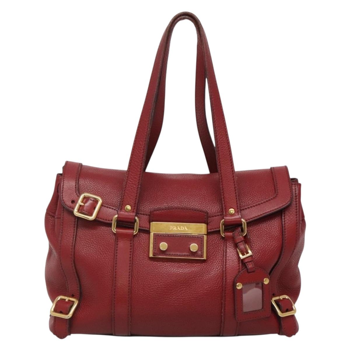 PRADA Tote Bag Leather Red Gold Auth bs29048