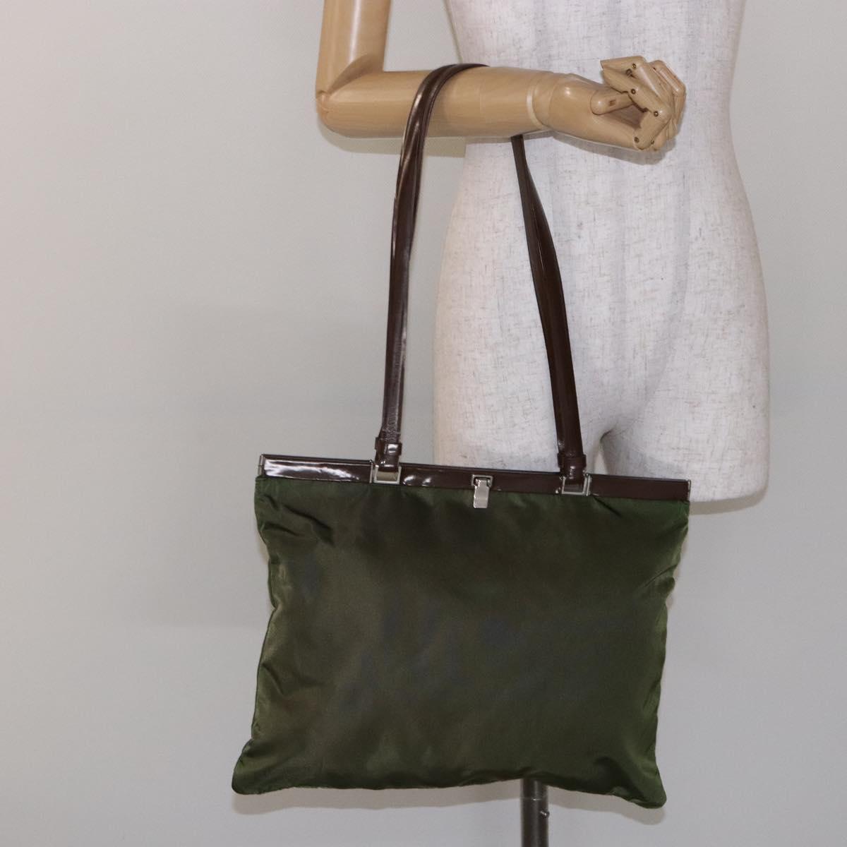 PRADA Tote Bag Nylon Khaki Silver Auth bs29054
