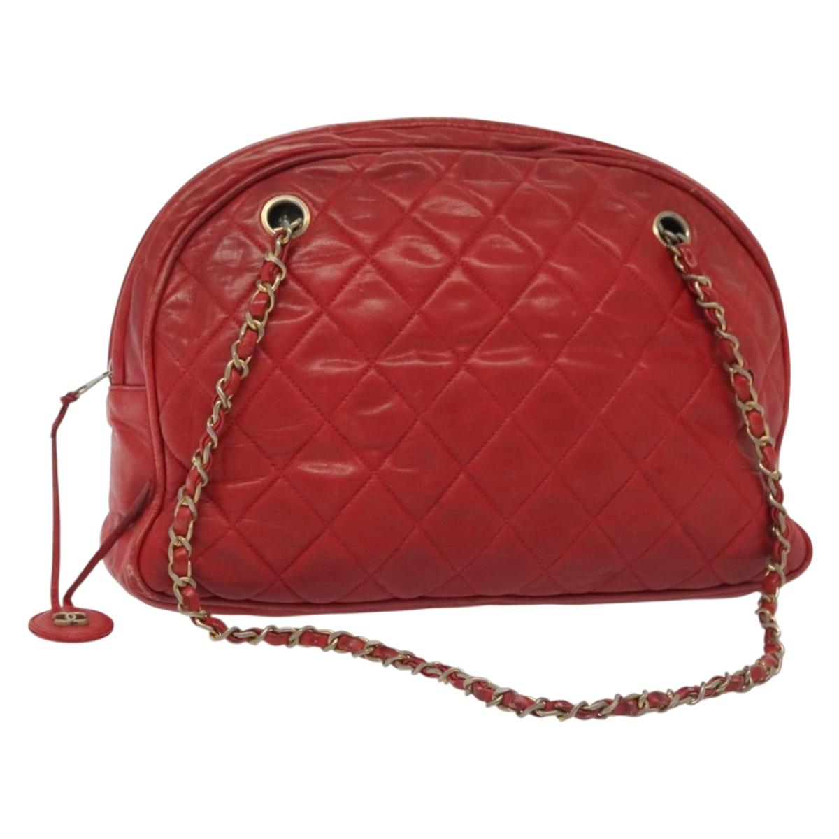 CHANEL Matelasse Chain Shoulder Bag Lamb Skin Red Gold CC Auth bs29076