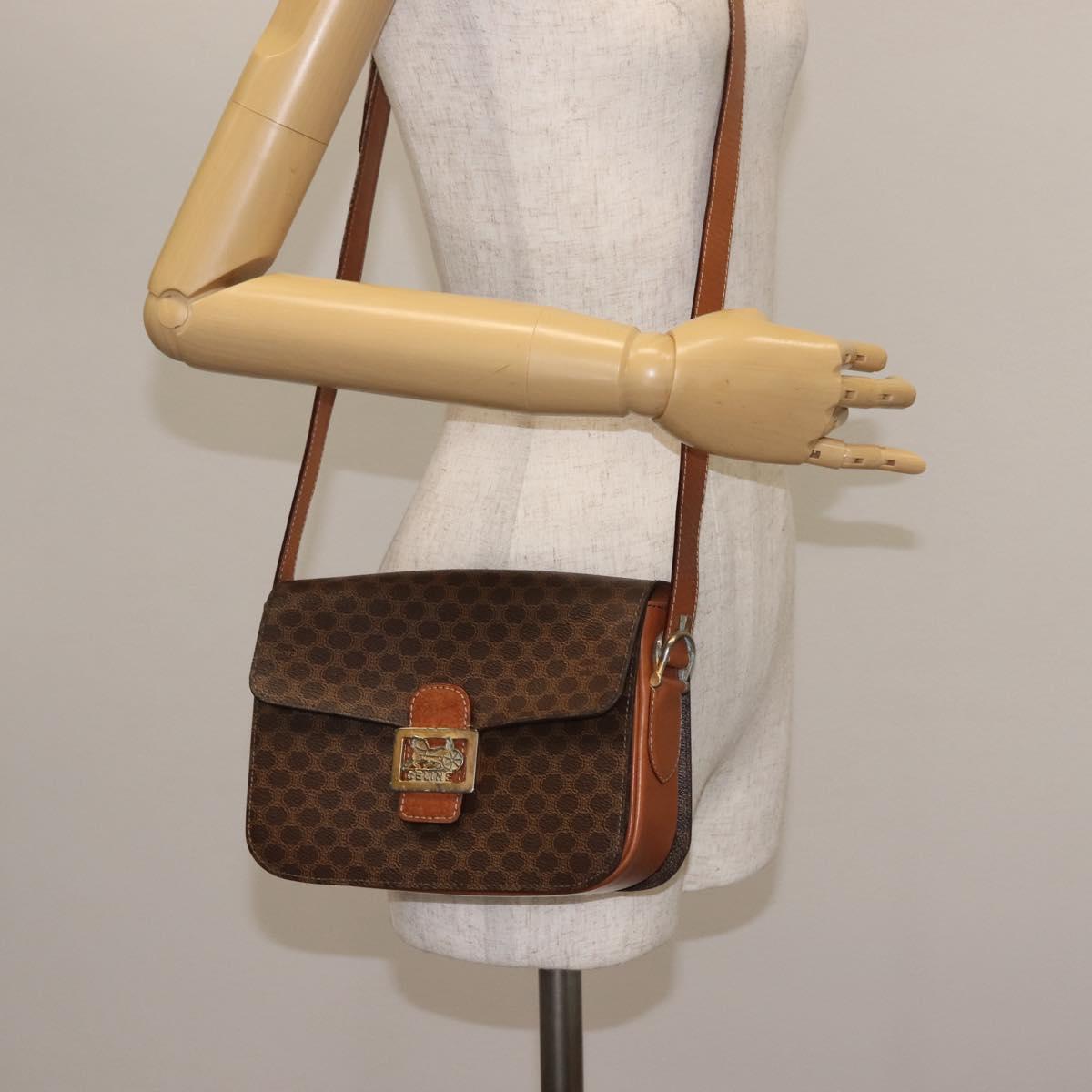 CELINE Macadam Canvas Shoulder Bag PVC Leather Brown Gold Auth bs29090