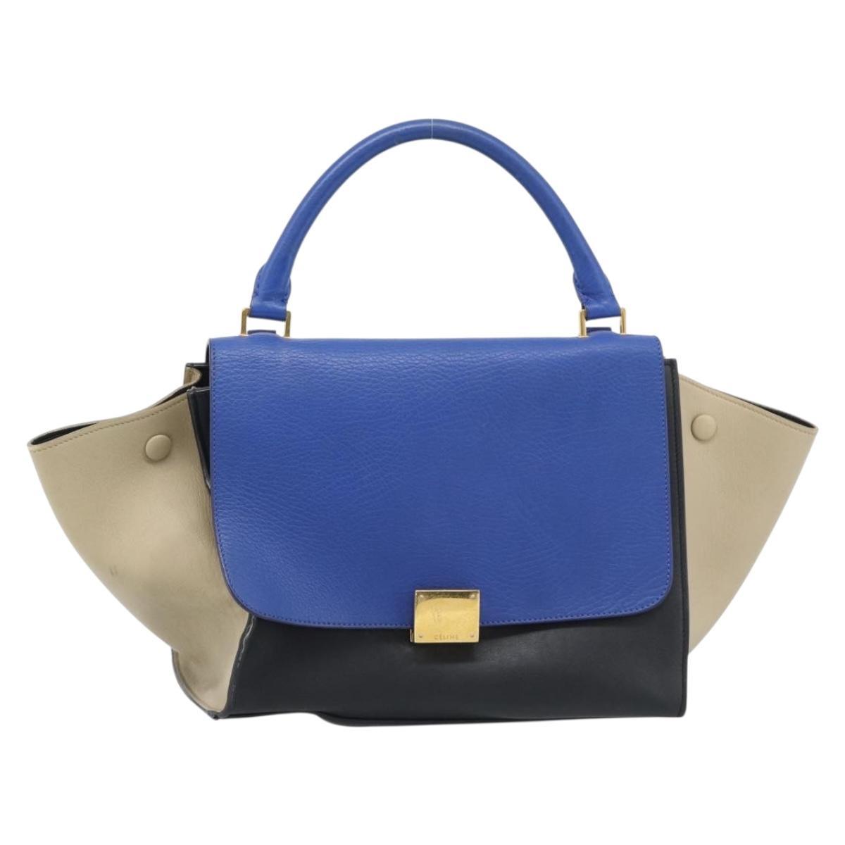 CELINE Trapeze Small Hand Bag Leather 2way Blue Gold Auth bs29092