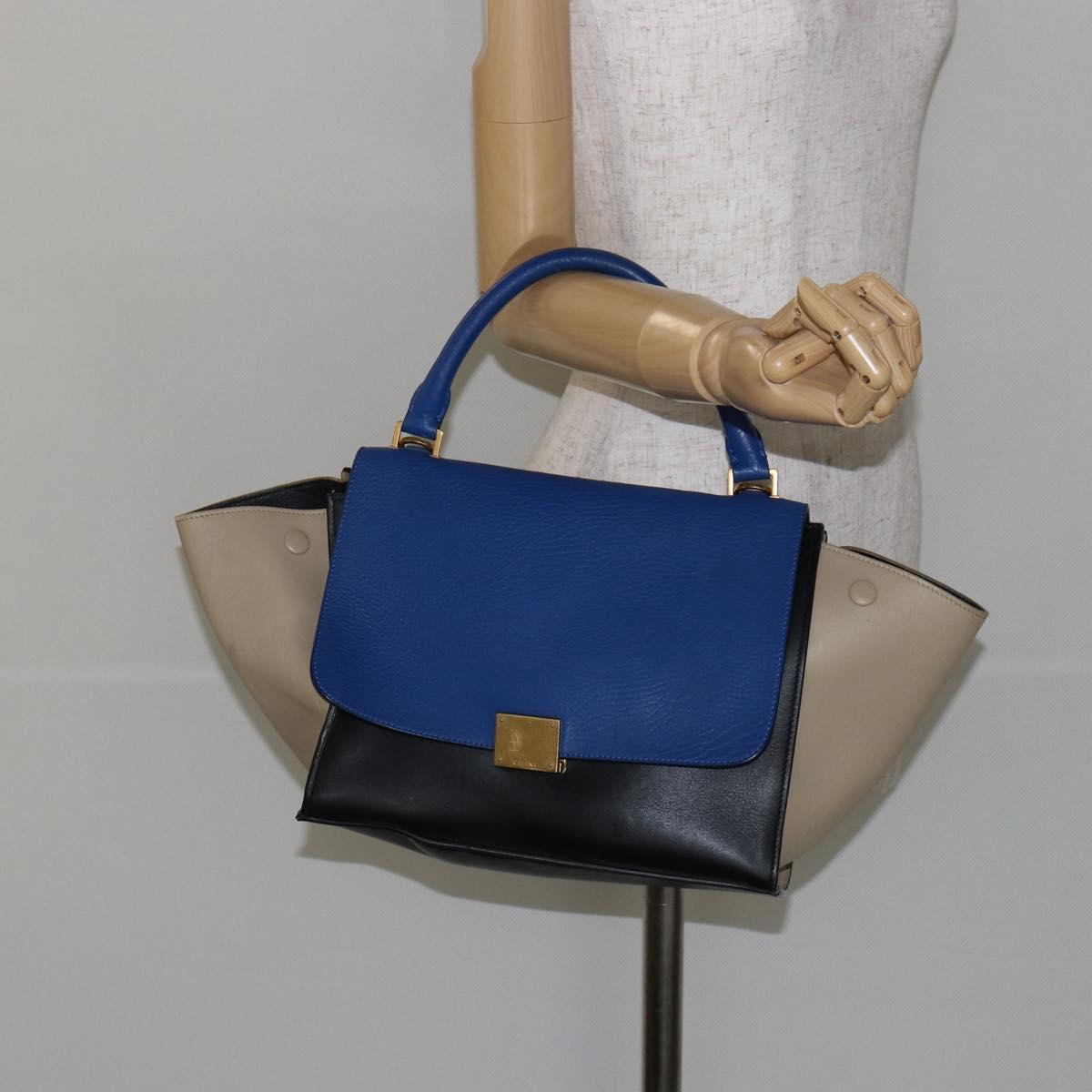 CELINE Trapeze Small Hand Bag Leather 2way Blue Gold Auth bs29092