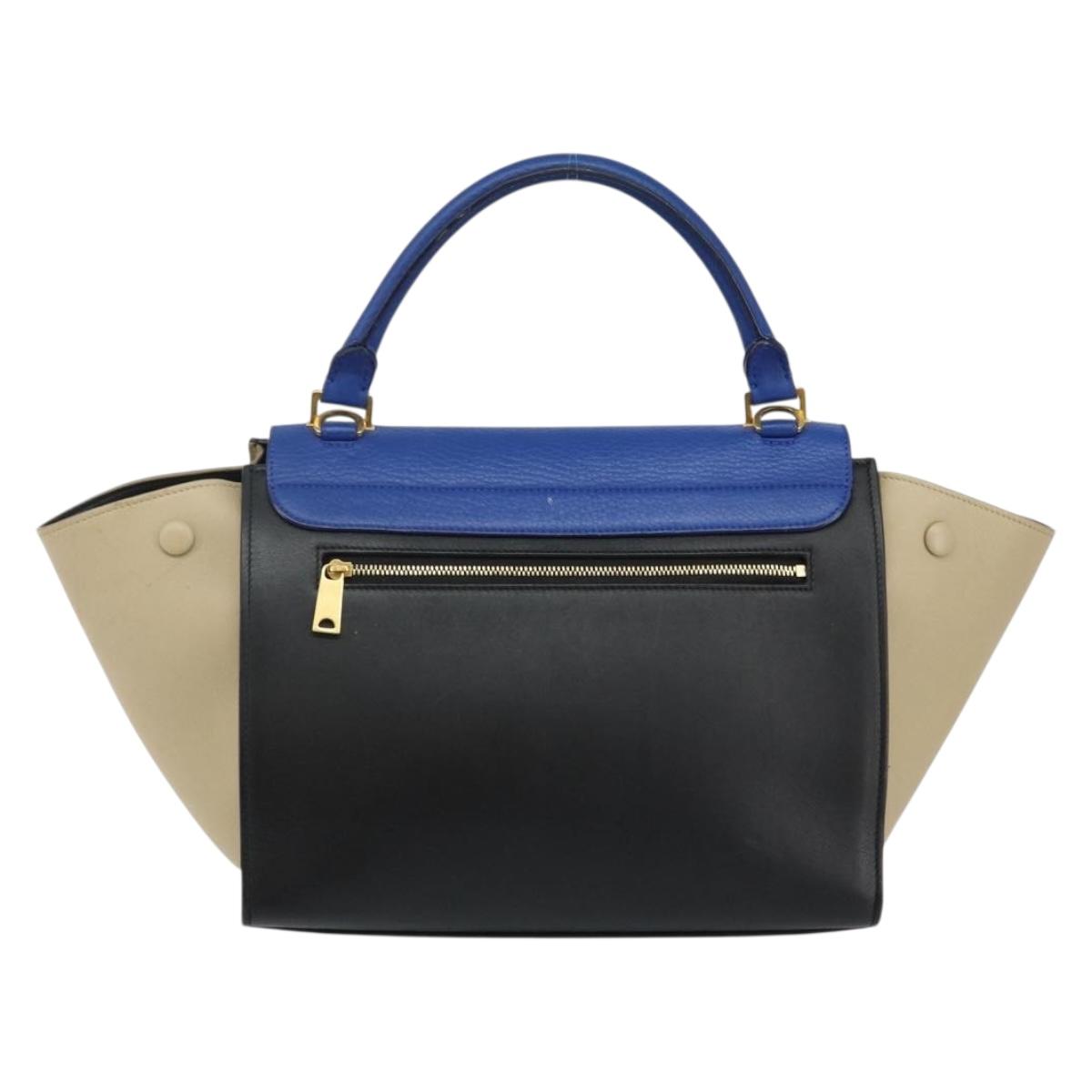 CELINE Trapeze Small Hand Bag Leather 2way Blue Gold Auth bs29092