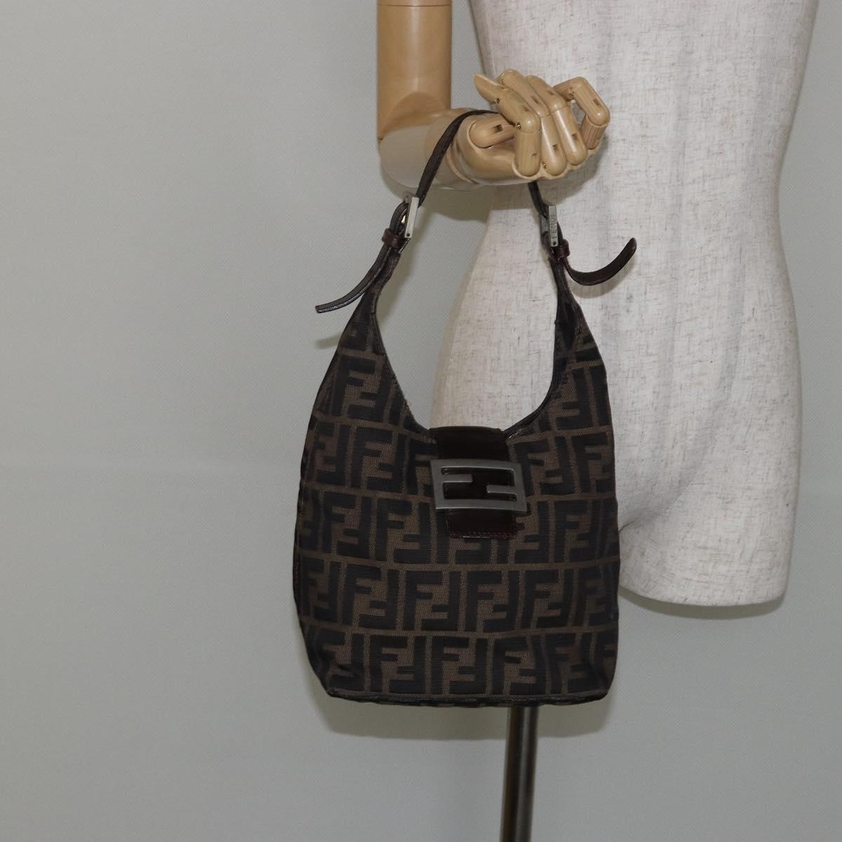 FENDI Zucca Canvas Mamma Baguette Shoulder Bag Black Brown Auth bs29108