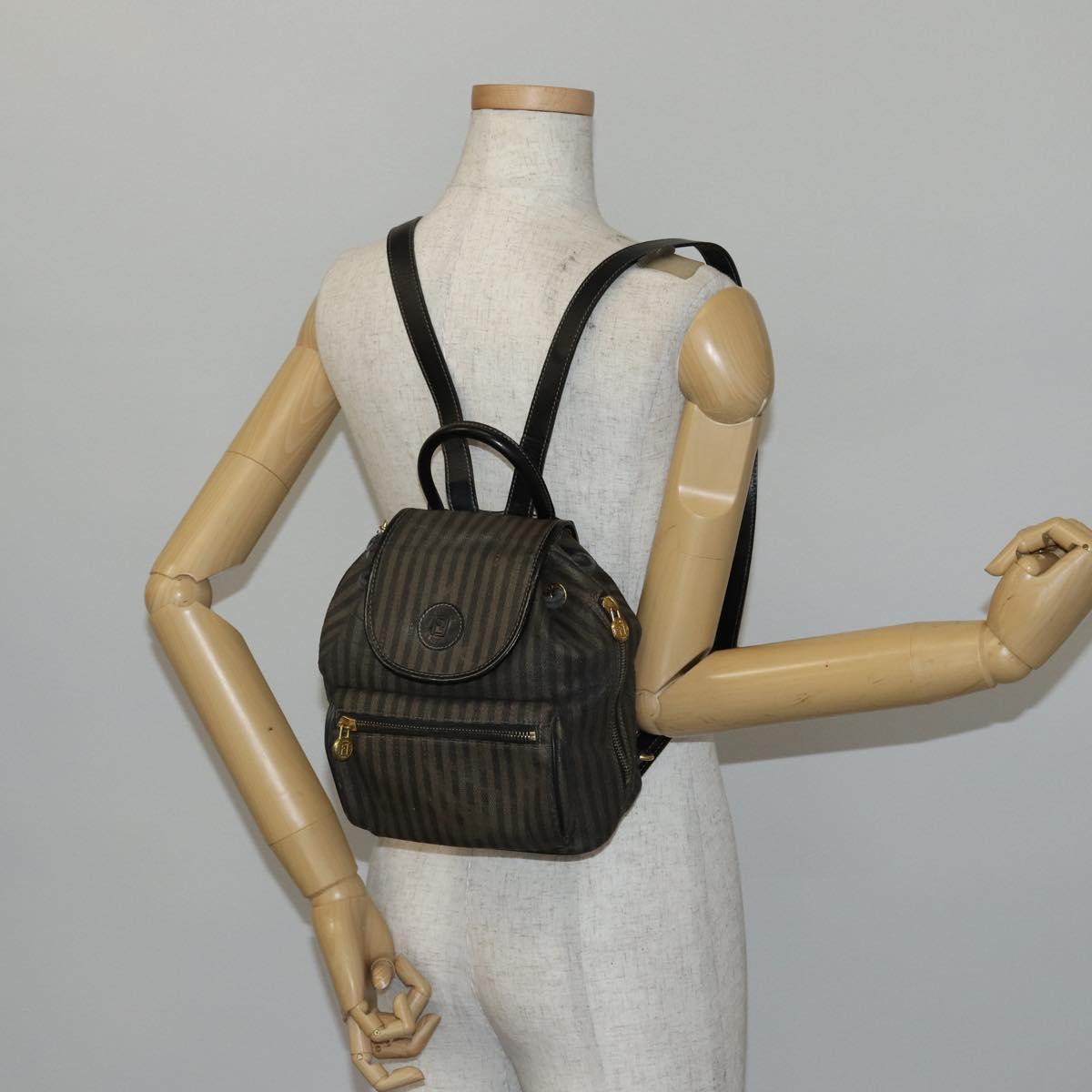 FENDI Pecan Canvas Backpack Brown Black gold Auth bs29110