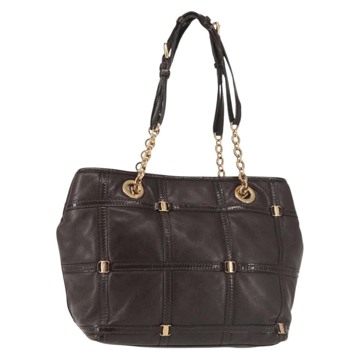 Salvatore Ferragamo Chain Vala Shoulder Bag Leather Brown Gold Auth bs29113