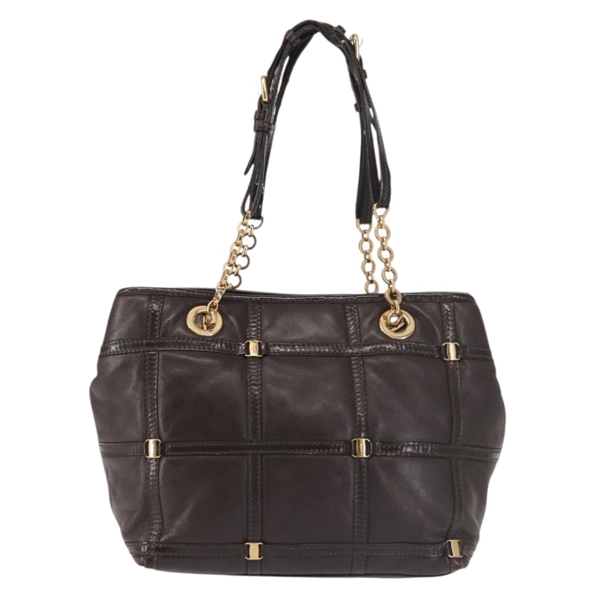 Salvatore Ferragamo Chain Vala Shoulder Bag Leather Brown Gold Auth bs29113