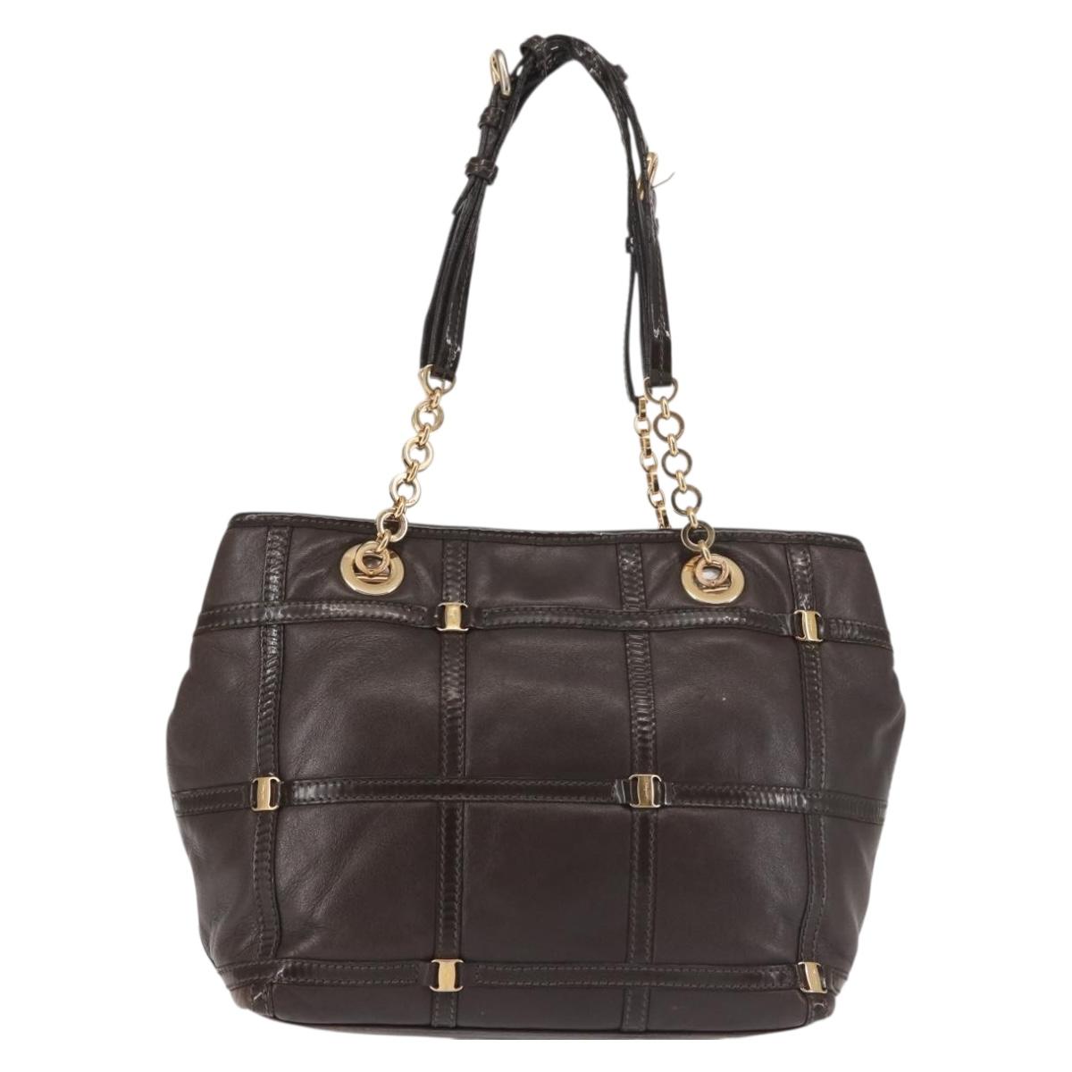 Salvatore Ferragamo Chain Vala Shoulder Bag Leather Brown Gold Auth bs29113