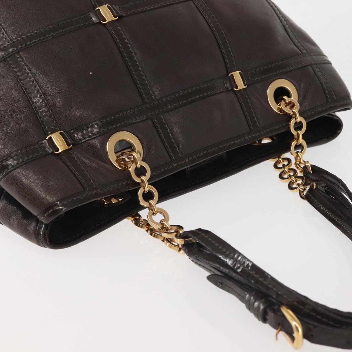 Salvatore Ferragamo Chain Vala Shoulder Bag Leather Brown Gold Auth bs29113