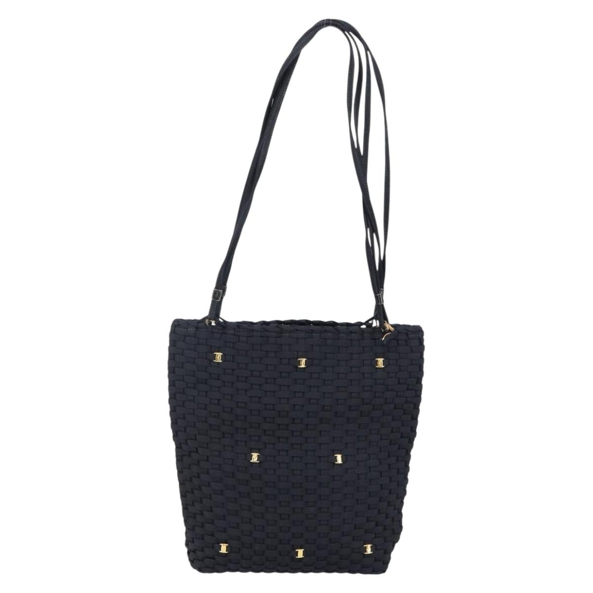 Salvatore Ferragamo Vala Shoulder Bag Nylon Black Gold Auth bs29122