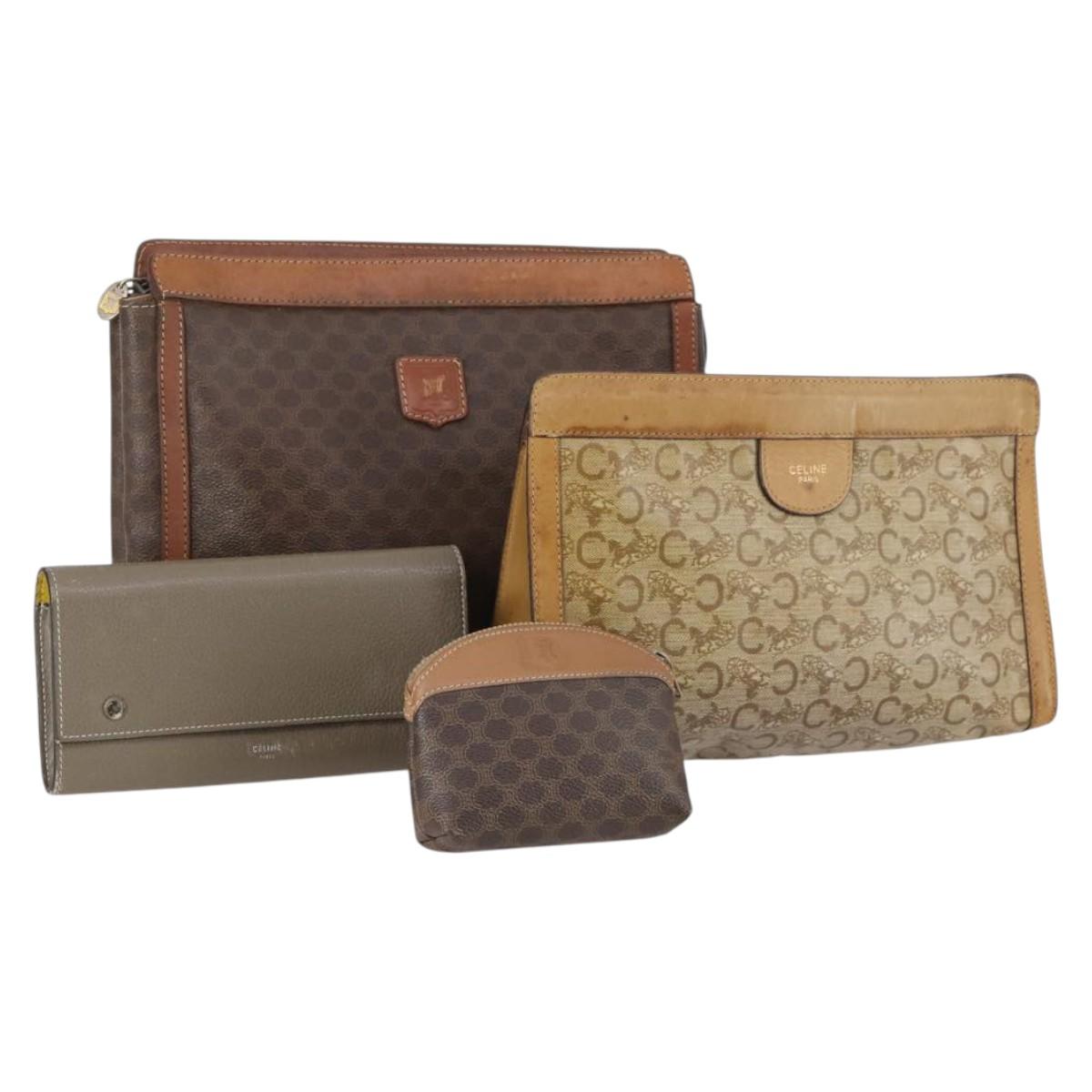 CELINE Macadam Canvas Clutch Bag PVC 4Set Brown Beige Auth bs29137