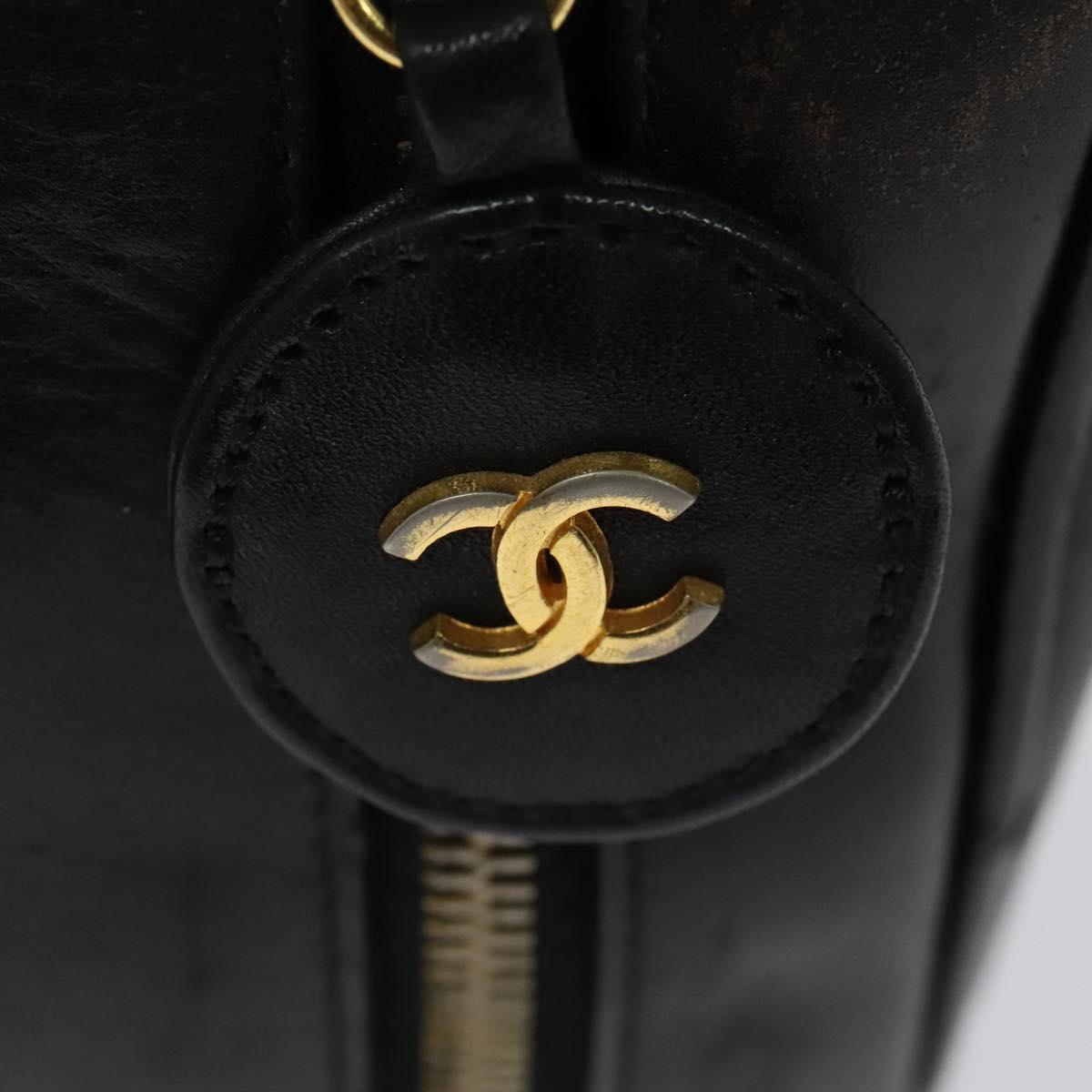 CHANEL Vanity Pouch Leather Black Gold CC Auth bs29211