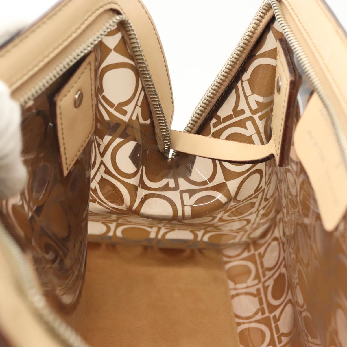 Salvatore Ferragamo Tote Bag Vinyl Leather Brown Beige Silver Auth bs29248
