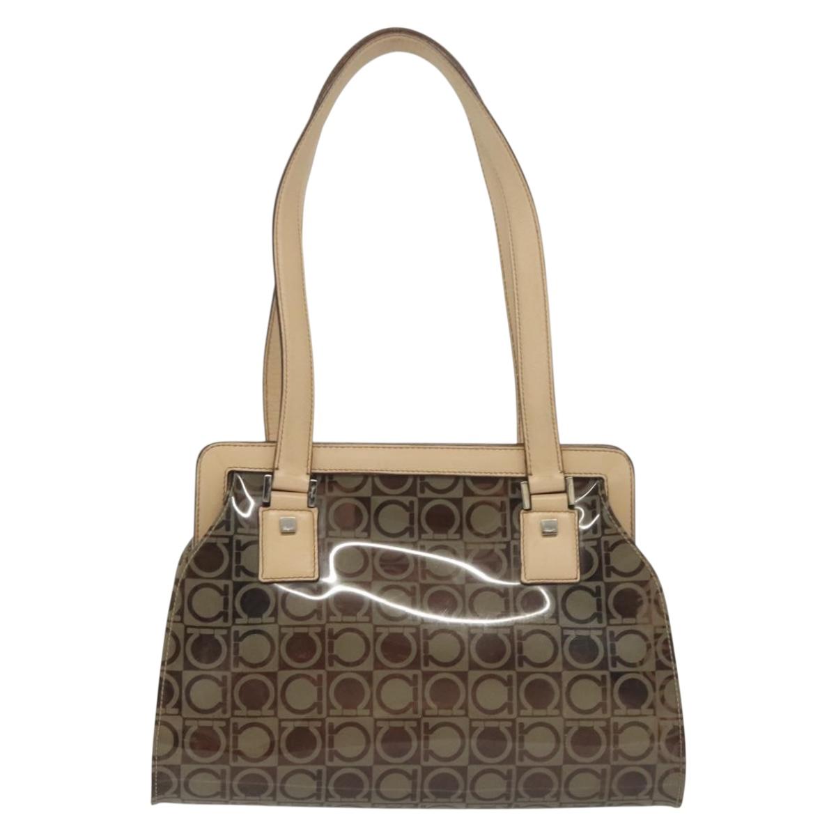 Salvatore Ferragamo Tote Bag Vinyl Leather Brown Beige Silver Auth bs29248