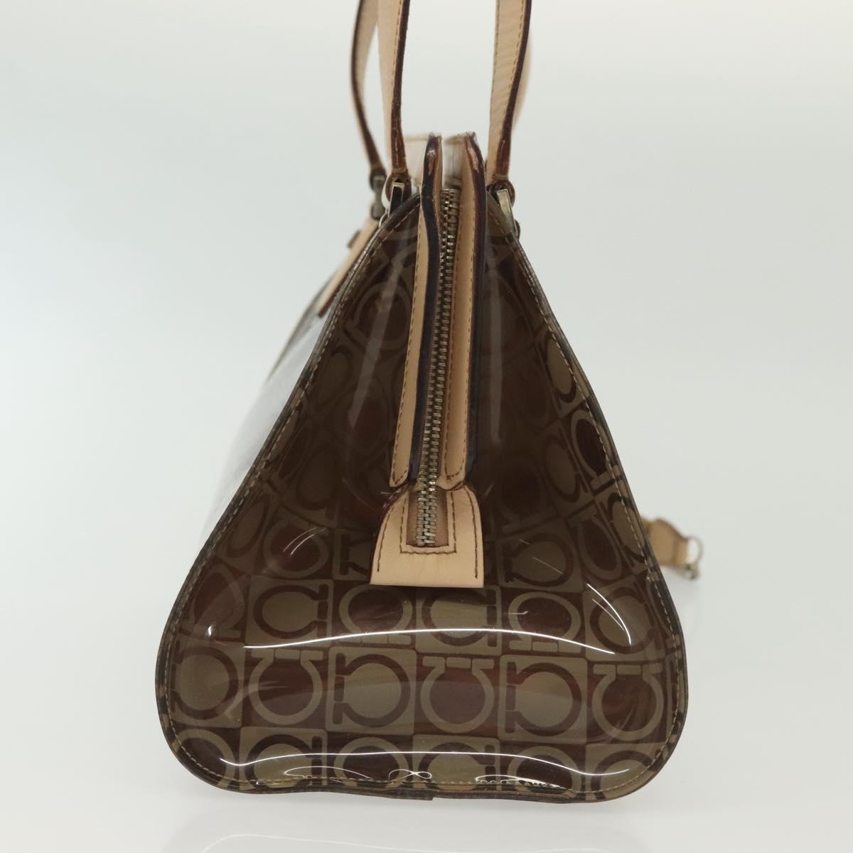 Salvatore Ferragamo Tote Bag Vinyl Leather Brown Beige Silver Auth bs29248